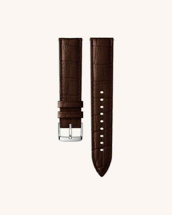 Brown Leather Alligator strap 20mm with adjustable tang buckle in silver, suitable for all wrist sizes.