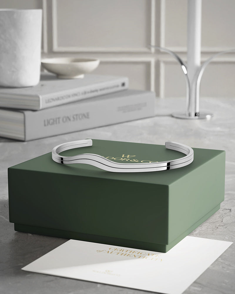 A polished stainless steel bangle in silver from Waldor & Co. One size. The model is Azur Bangle Polished.