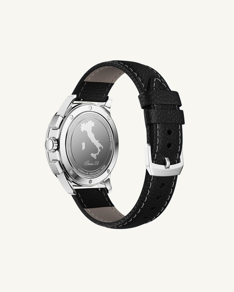 Black Leather strap 20mm with white seam details and adjustable tang buckle, suitable for all wrist sizes. 