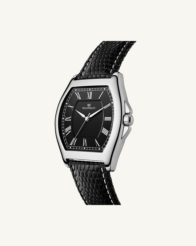 A square mens watch in Rhodium-plated 316L stainless steel from Waldor & Co. with white dial. Ronda movement. The model is Constant 40 Tremezzo 37x45mm.