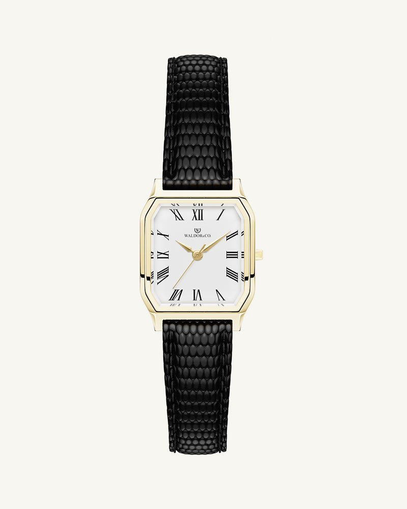 A square womens watch in 22 gold-plated 316L stainless steel with a black genuine leather strap from Waldor & Co. with white Diamond Cut Sapphire Crystal glass dial. Seiko movement. The model is Eternal 22 Varenna.